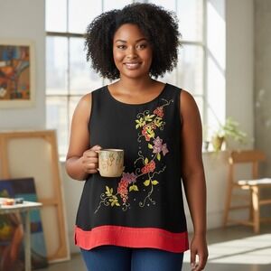 VTG August Max Woman Top X 14 Black Red Floral Embroidered Sequins Party Coktail